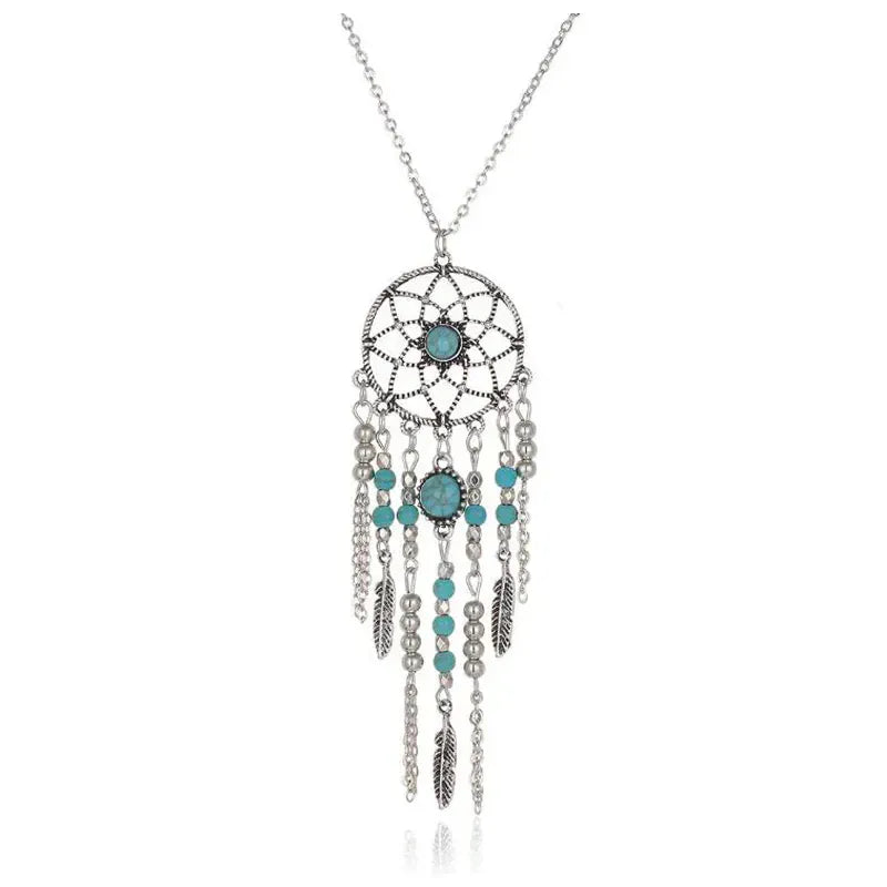 2016 New Bohemia Style Retro Tassel Feathers Turquesa Pendant Necklace 78cm Dream catcher Sweater Necklaces For Women Girl