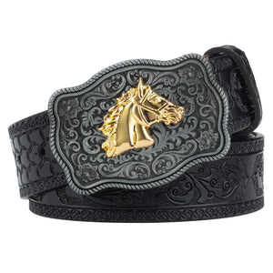 Äkta cowboyläderbälte hästmotiv Svart Hästhuvud / 95cm