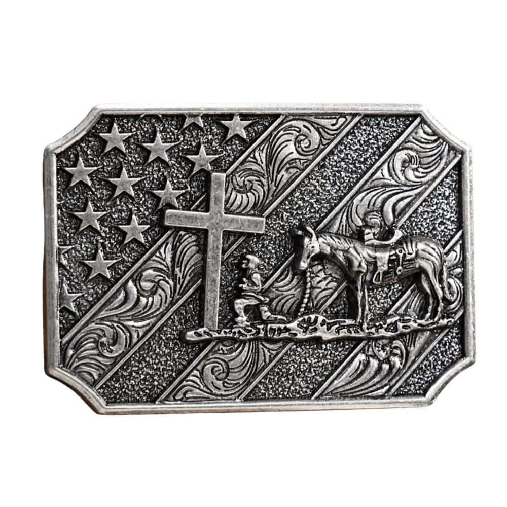 Bältespänne cowboy kors flagga kristen USA Antik silver