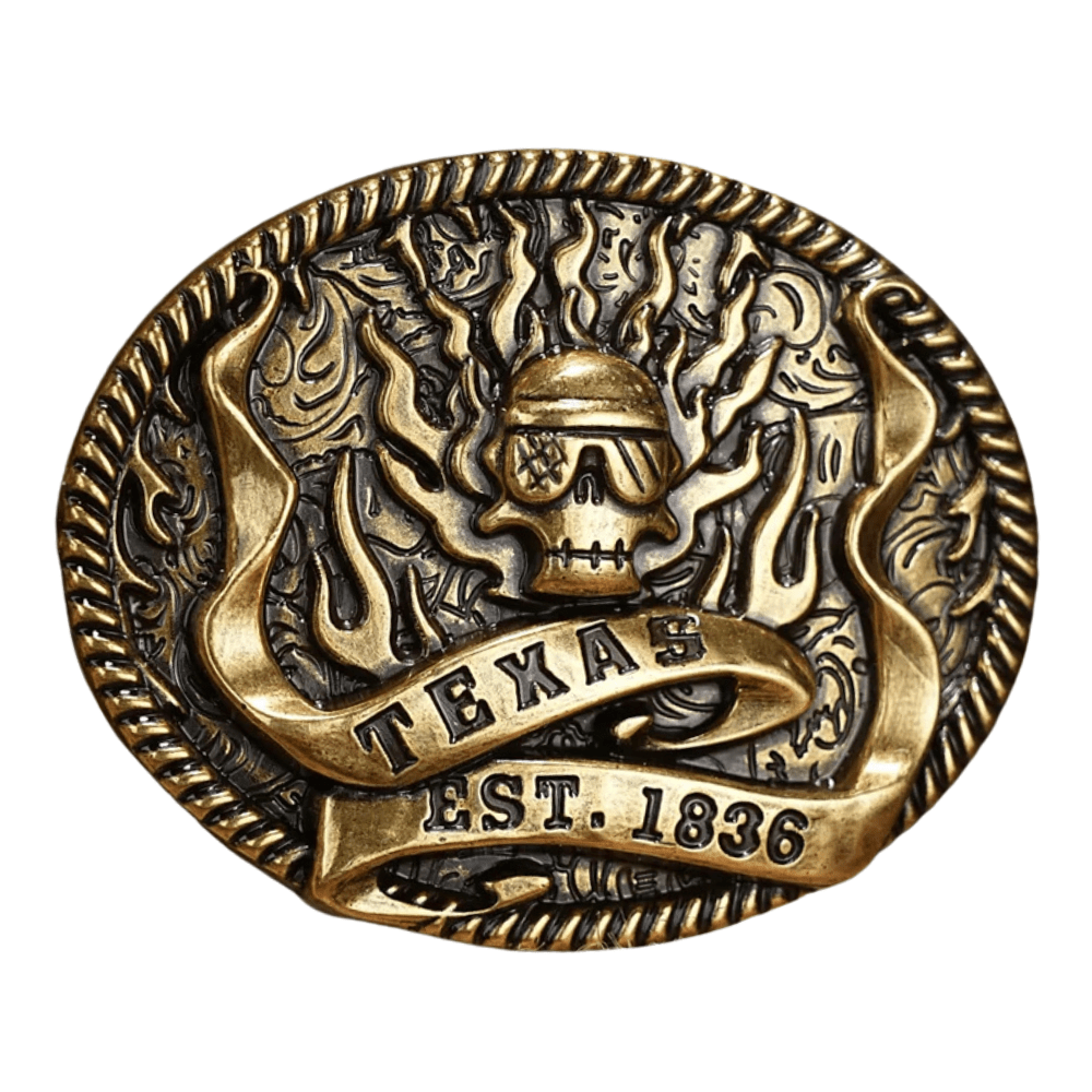 Bältespänne Texas dödskalle med lågor Guld