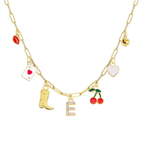 Boho Red Lips Cherry Heart Letter Charm Necklace Gold Plated Boots Crystal Initials Necklaces Cowgirl Beach Jewelry E