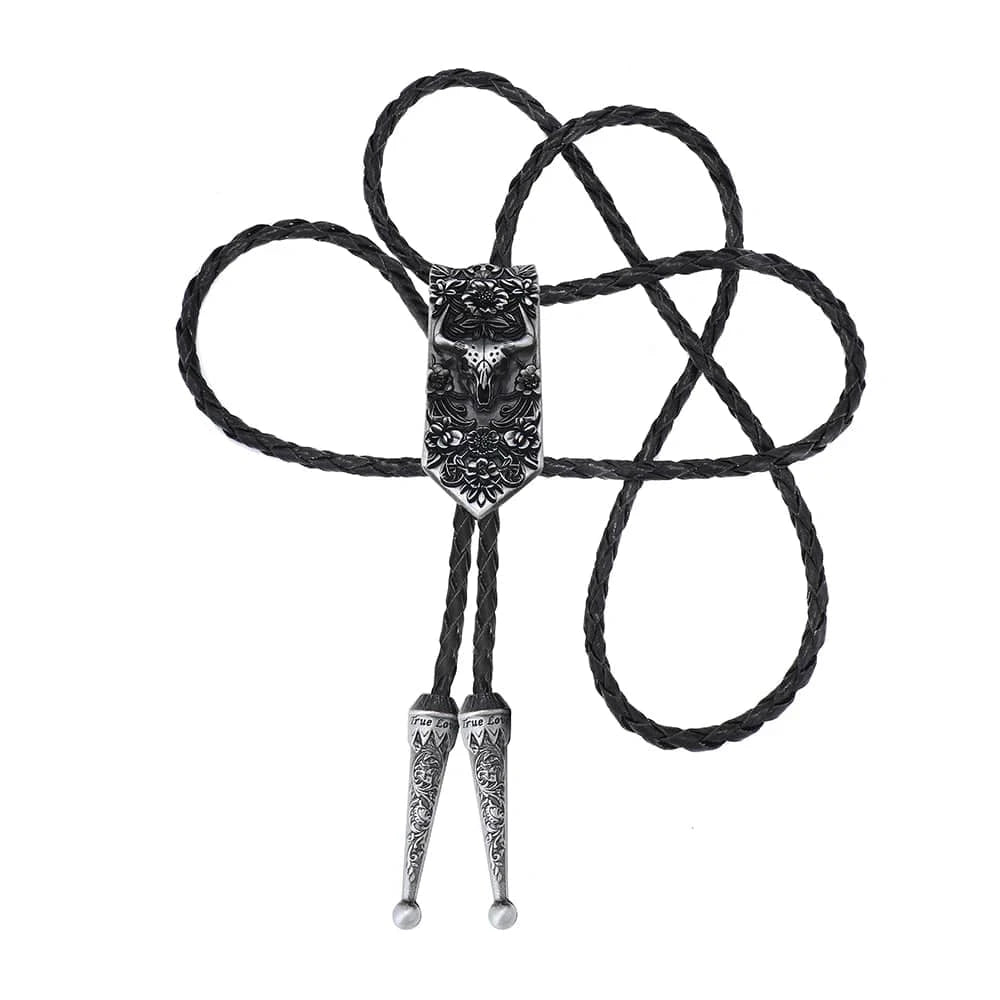 Bolo tie i läder med oxskalle och blommönster Antiksilver