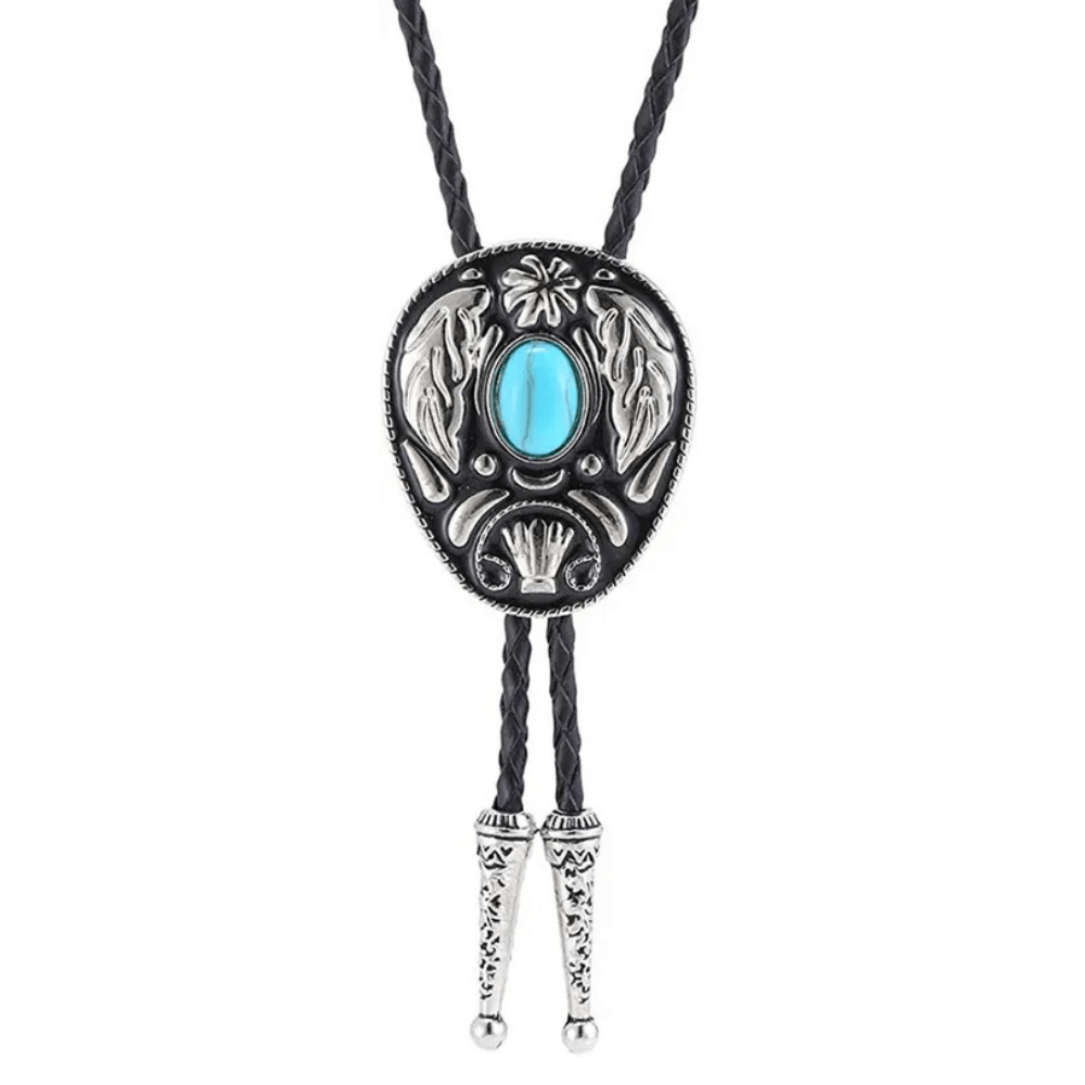 Bolo tie med dekorativ sten och lövmönstrad i vintage-stil Himmelsblå