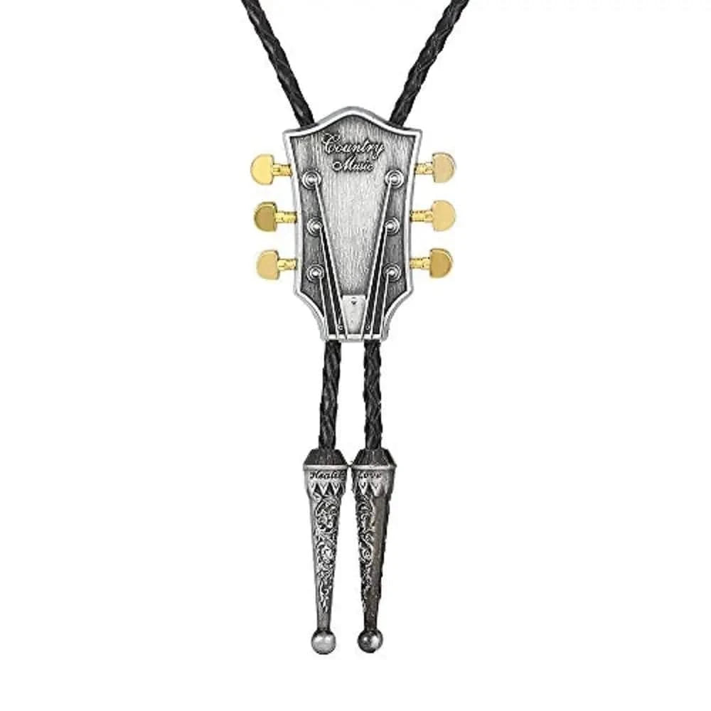 Bolo tie med gitarrhuvud i läder Silver