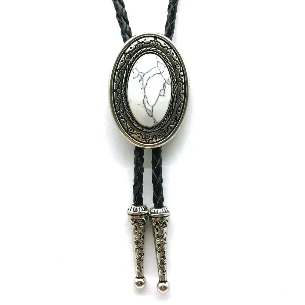 Bolo tie med oval sten och flätat läderband Vit