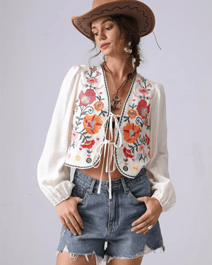 Broderad blus med blommor Beige / S