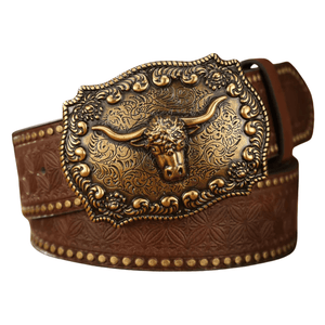 Brunt cowboyläderbälte Longhornhuvud / 120cm