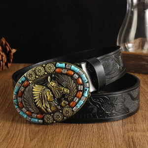 Cowboybälte i bohemisk stil med turkosa detaljer och snidade blommönster