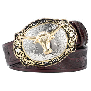 Cowboybälte i läder tjurhuvudspänne Kaffe 3 / 95cm