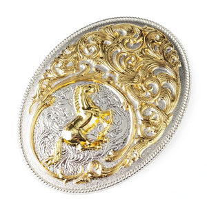 Oval Bältesspänne Guldhäst Silver Blommig Gravyr Guld och silver