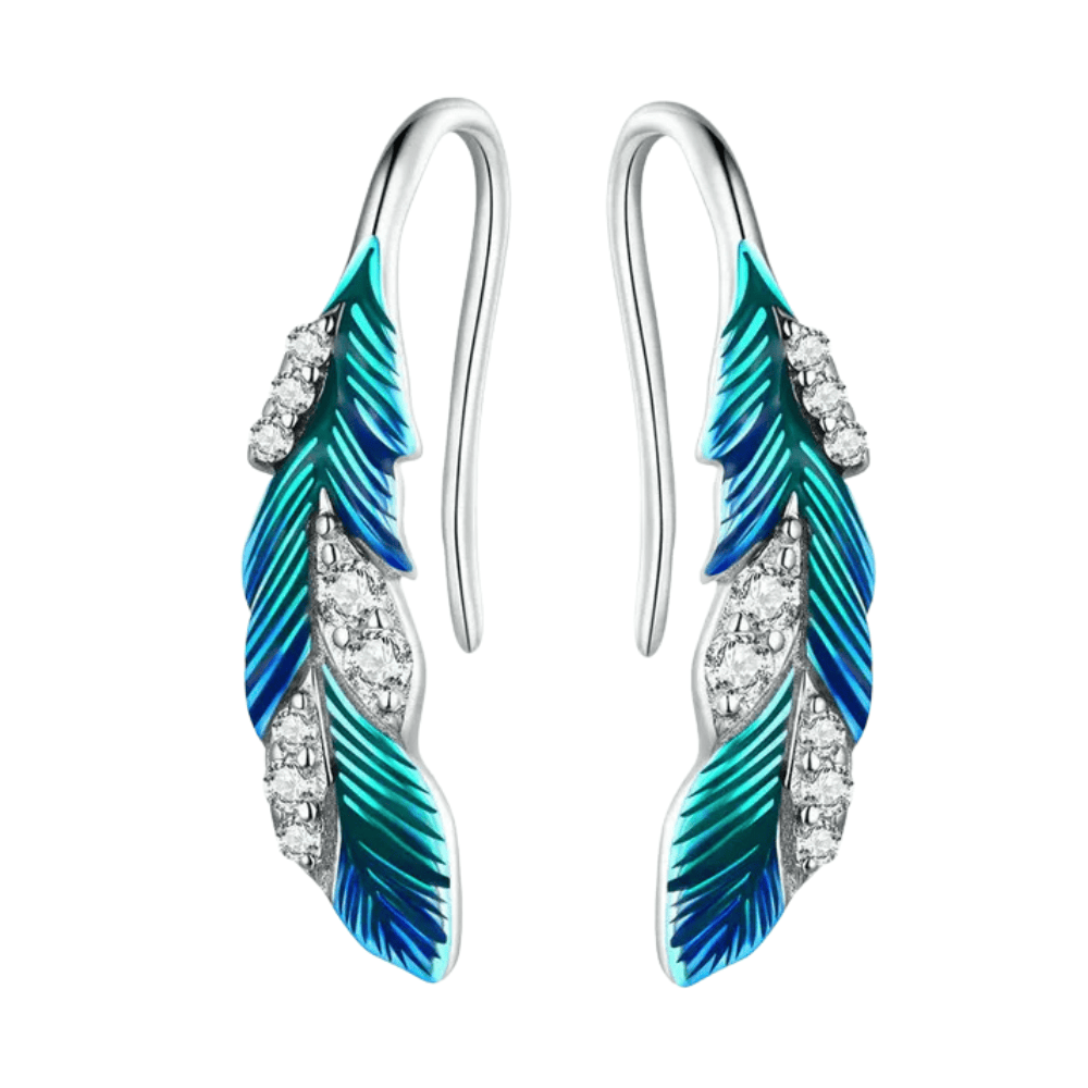Orecchini pendenti in argento con piuma blu