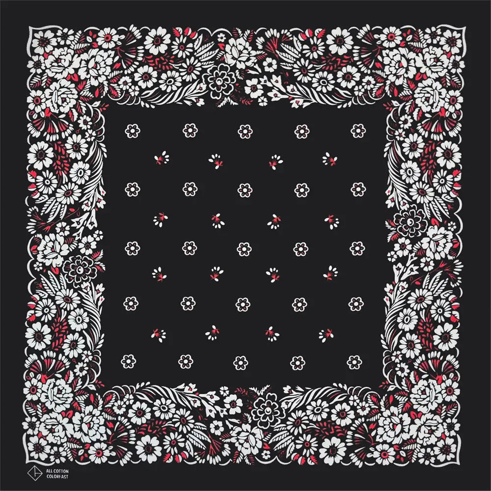 Svart bandana i bomull med vitrött blommotiv Svart