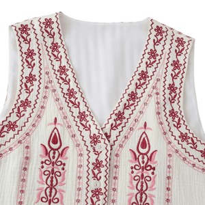 Vit Broderad Väst Dam med Etniskt Blommönster