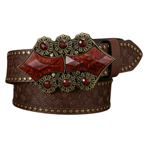 Westernbälte ädelstensspänne dam Mörkbrun/Röd / 120cm
