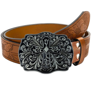 Westernbälte i präglat läder med barockinspirerat spänne i antikmetall Brun och silver / 110cm