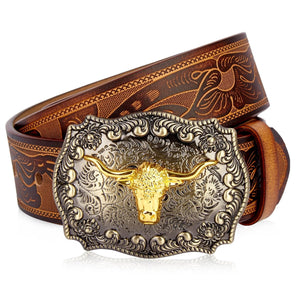 Westernbälte i Präglat Läder med Guldfärgat Longhorn-spänne Brun 1 / 105cm