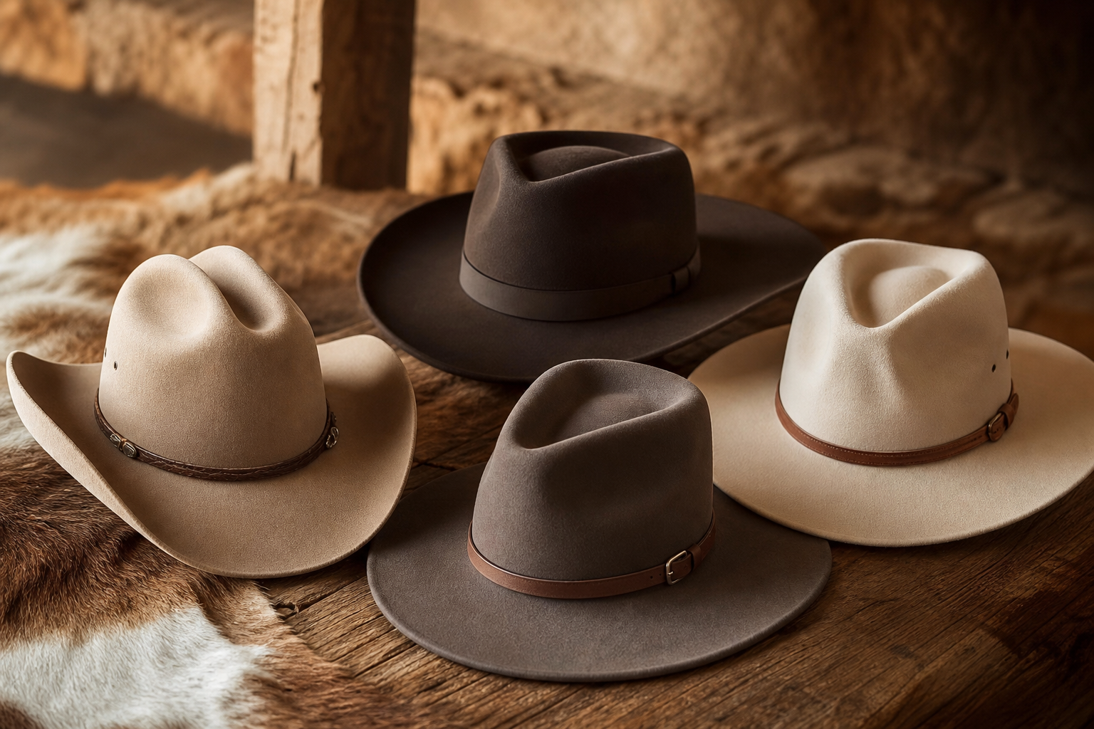 Différentes formes de chapeaux cowboy disposés : Cattleman, Gambler, Fedora western et Rancher