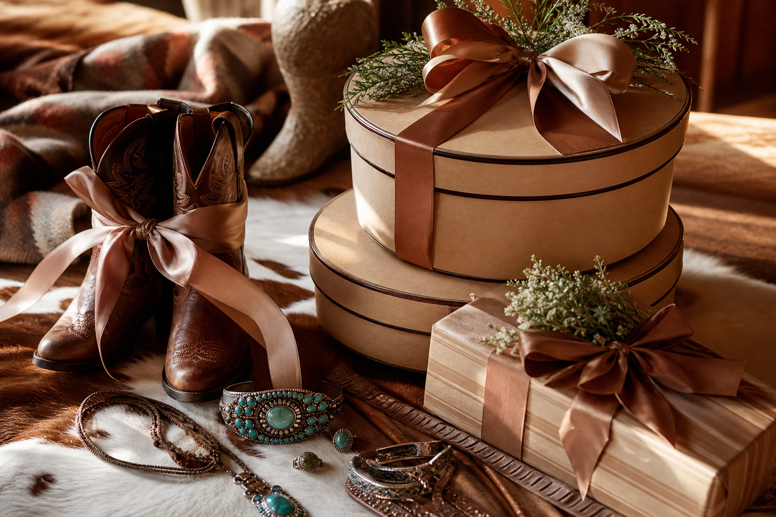 Présentation de cadeaux western emballés — boîtes à chapeaux, santiags enrubannées, bijoux posés sur une surface rustique