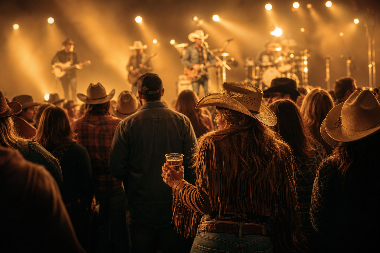 Foule en tenue western dans une salle de concert country, lumières de scène chaudes