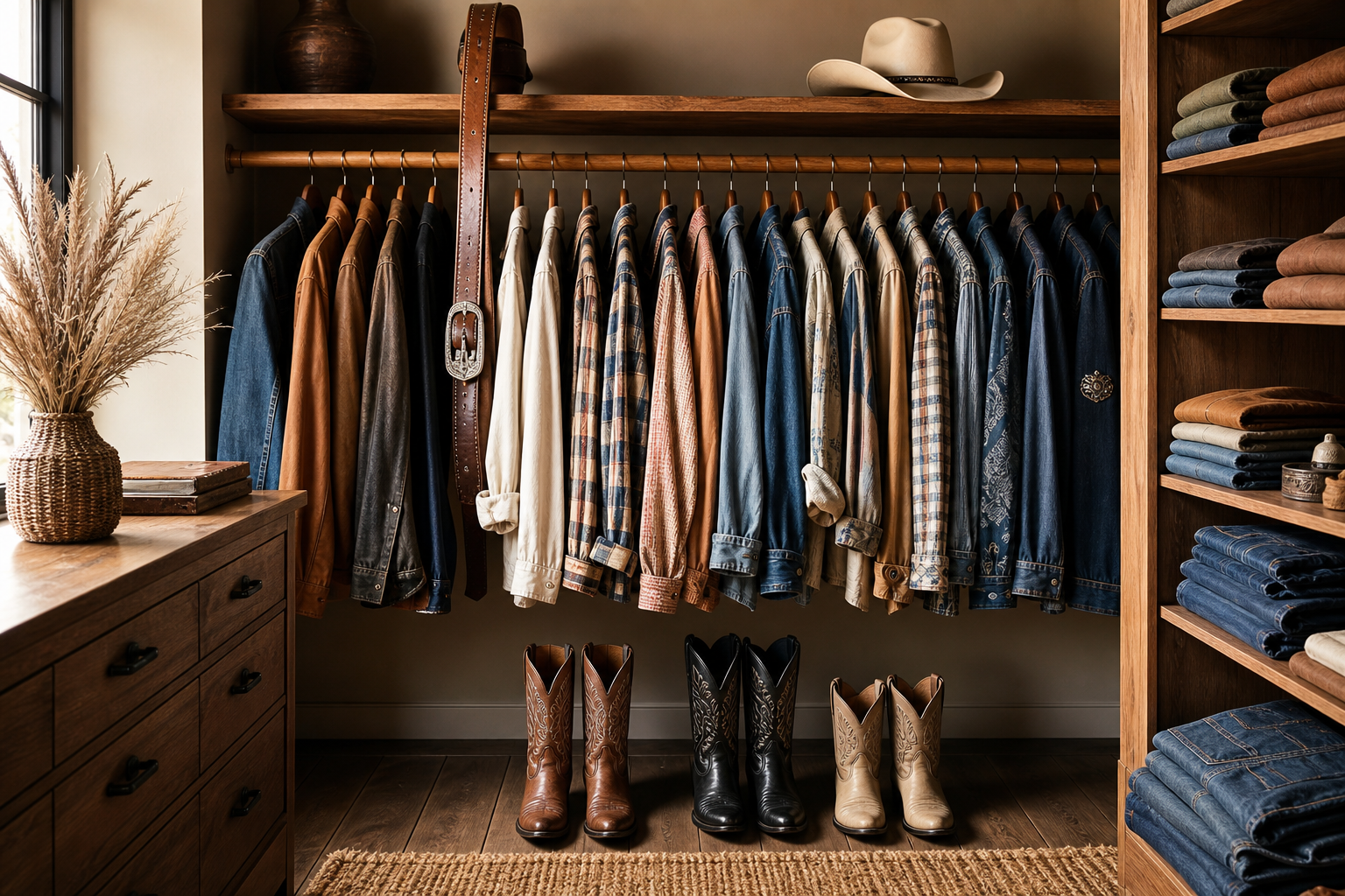 Dressing western bien organisé avec santiags au sol, chapeau sur une étagère, ceinture suspendue et vêtements westerns rangés
