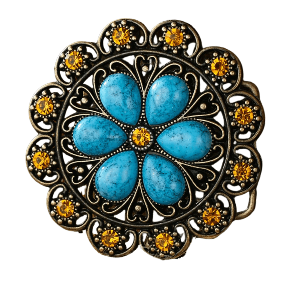 Bältespänne med blå blomma och westerndetaljer Guld