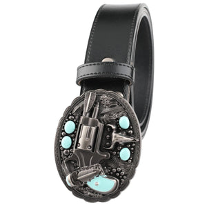 Bältesspänne med revolver turkos stenar western stil Antiksilver