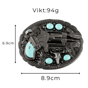 Bältesspänne med revolver turkos stenar western stil Antiksilver