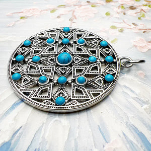 Blue Stone Round Ornament Pendant Brand New Jewelry Vintage 925 Sterling Silver Accessories Gift For Women