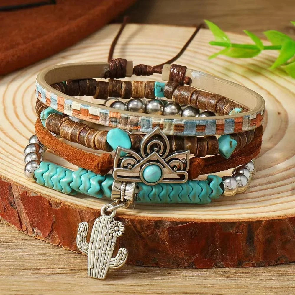 Boho Läderarmband med Turkosa Pärlor och Berlocker Stil 4st kaktus