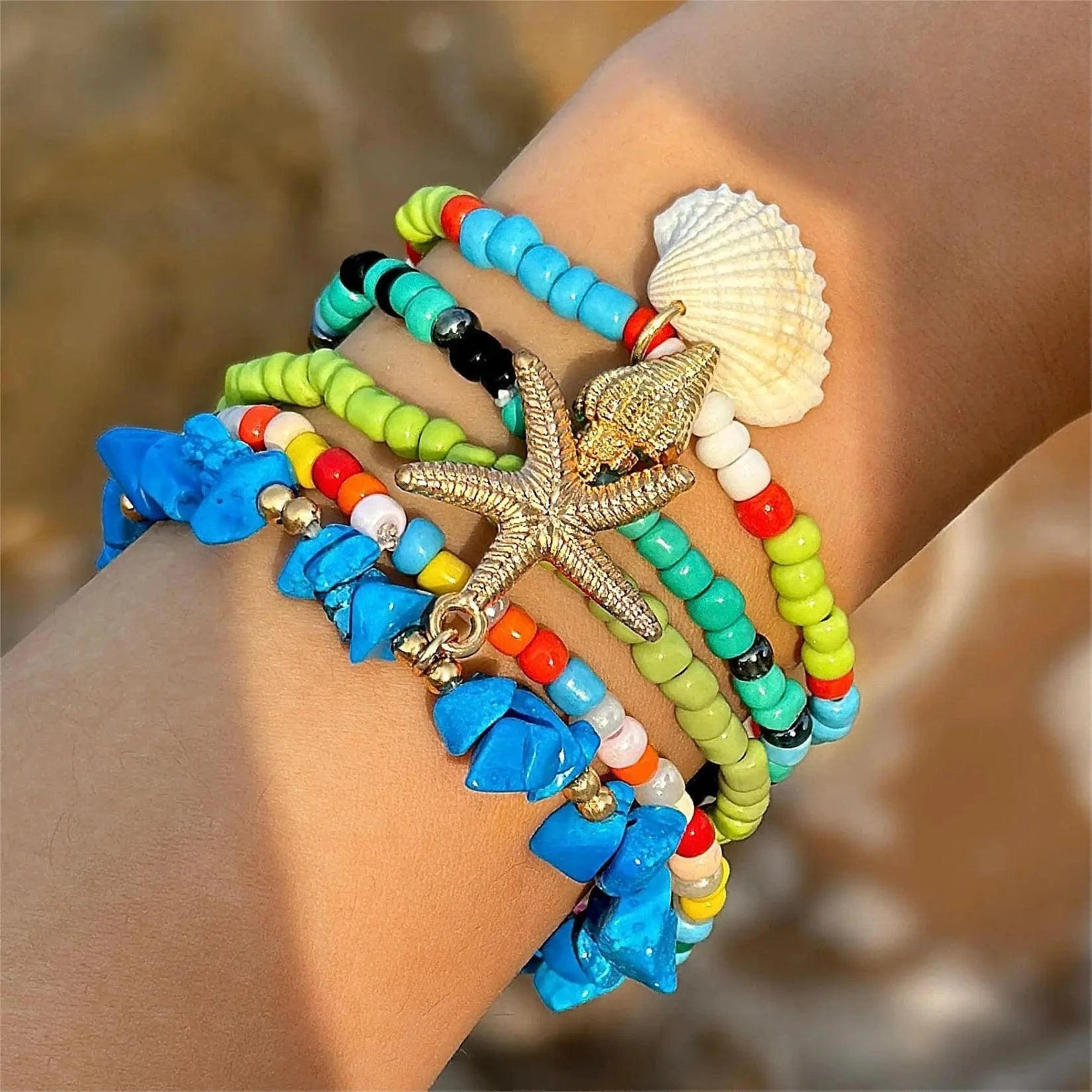 Boho Läderarmband med Turkosa Pärlor och Berlocker Stil 5st flerfärgad