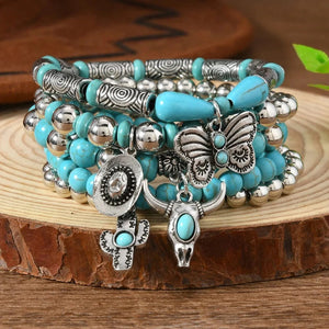 Boho Läderarmband med Turkosa Pärlor och Berlocker Stil 5st turkos