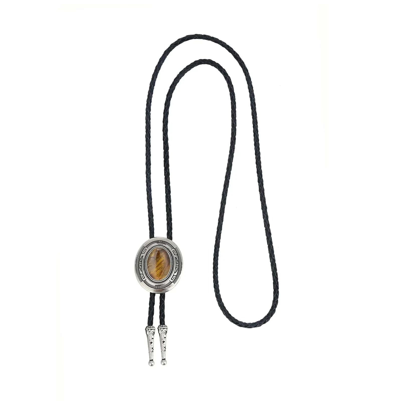 Bolo tie i läder med metallhänge och färgad sten Brun