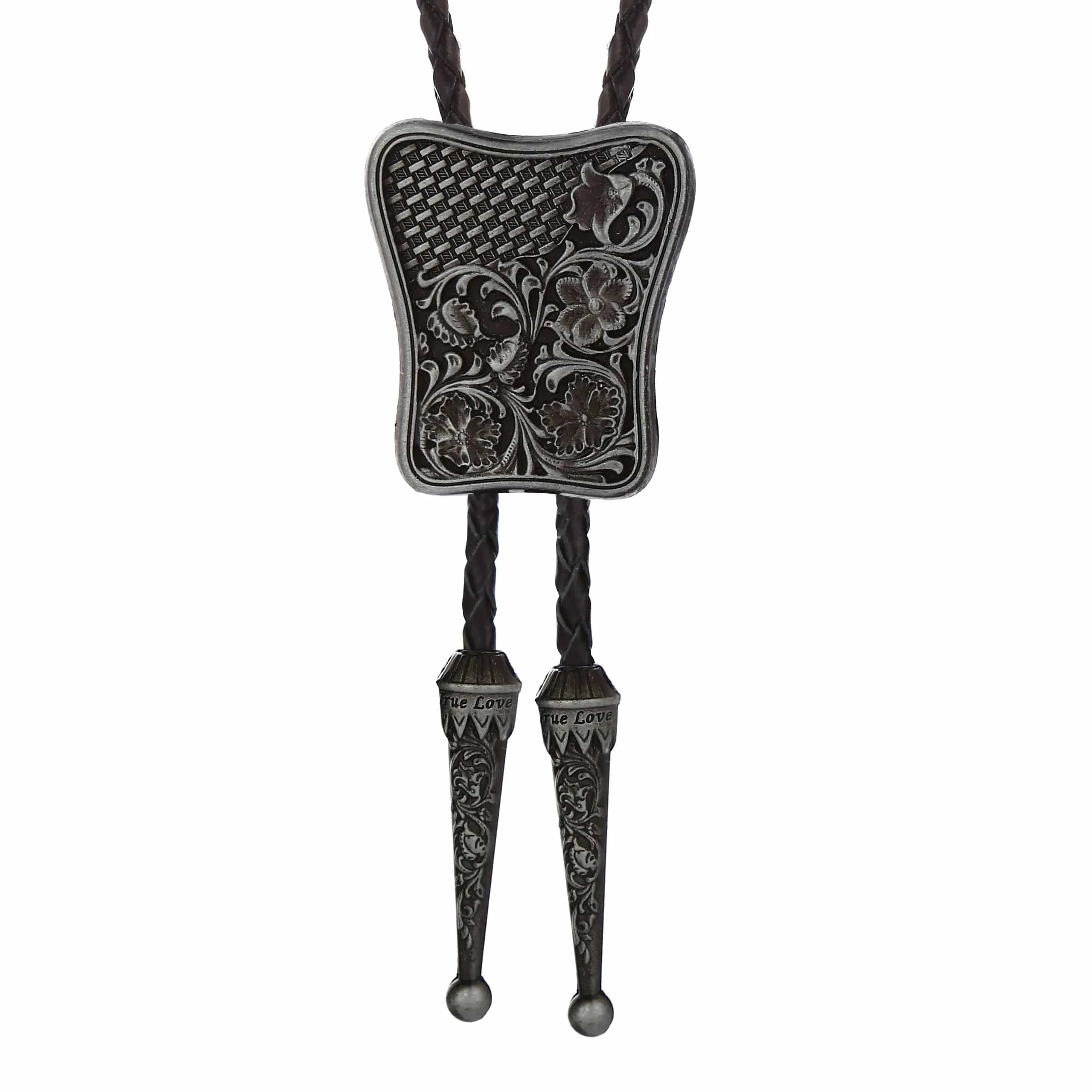Bolo tie i rektangulär mörk metall med blommigt vintagemönster Mörkgrå