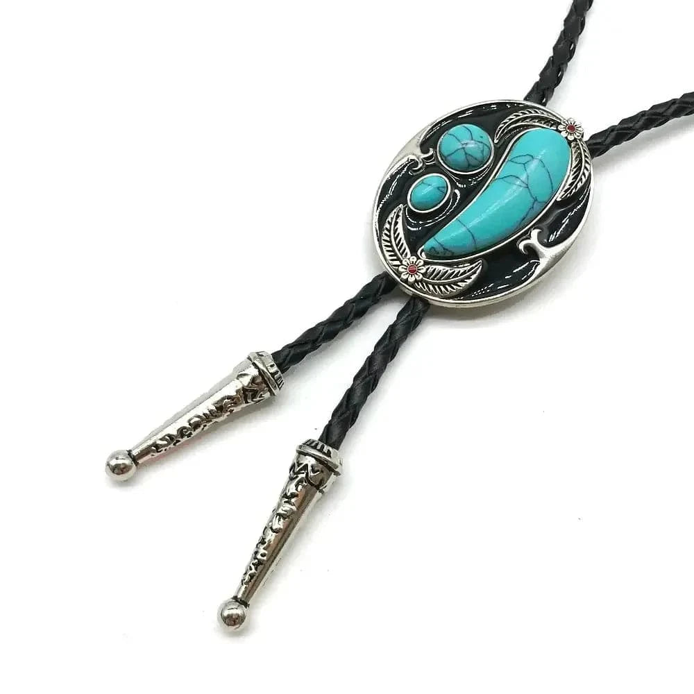 Bolo tie i svart läder med ovalt hänge och natursten Turkosblå