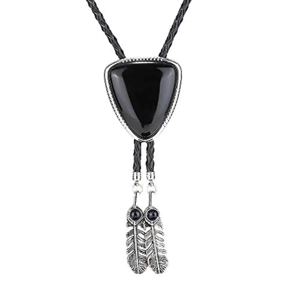 Bolo tie i triangelform med fjäderdetalj och natursten Svart 2
