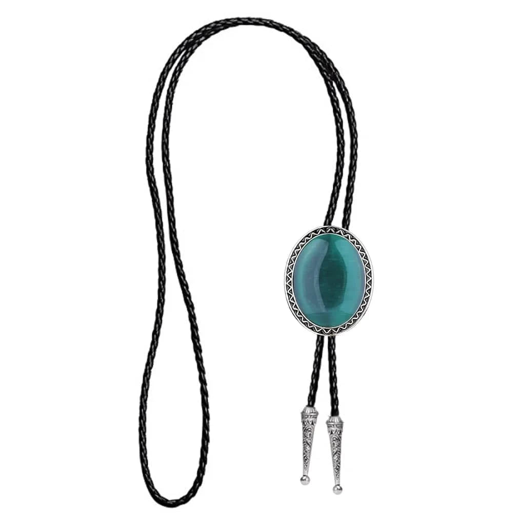 Bolo tie med blå glaskattöga och flätat lädersnöre Blå