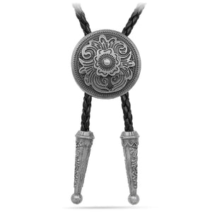 Bolo tie med rund blommönstrad silvermedaljong Silver