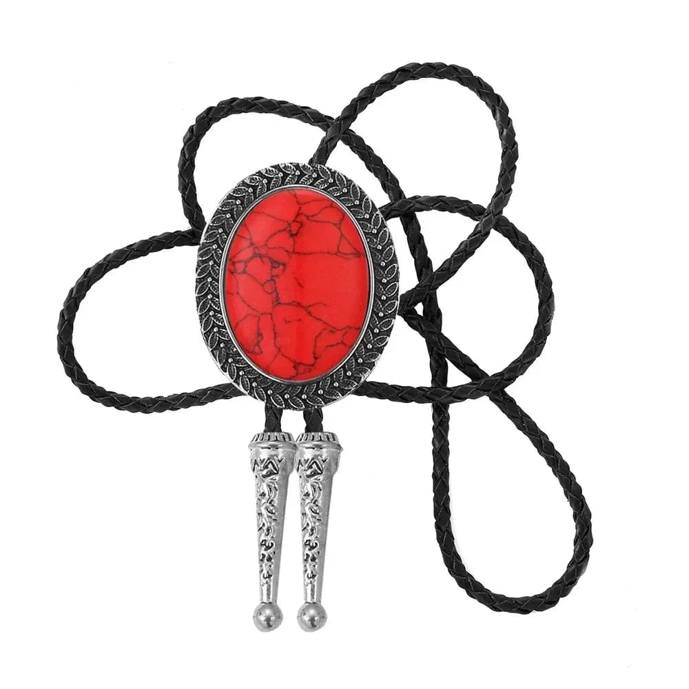 Bolo tie med stor oval sten och handflätad läderrem Röd