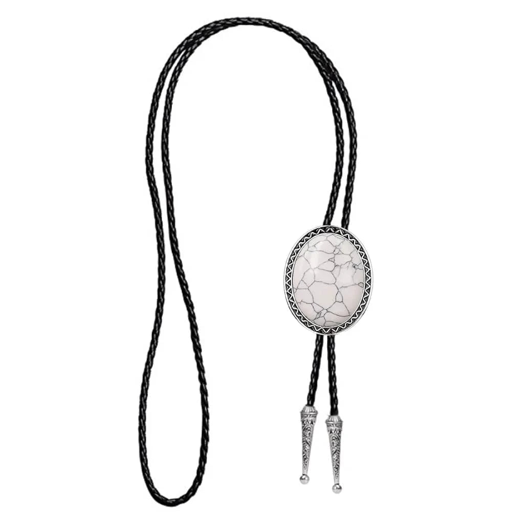 Bolo tie med vit marmormönstrad sten och flätat lädersnöre Vit