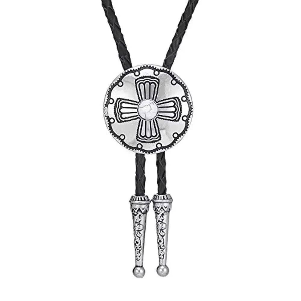 Bolo tie rund med korsdetalj och sten Vit