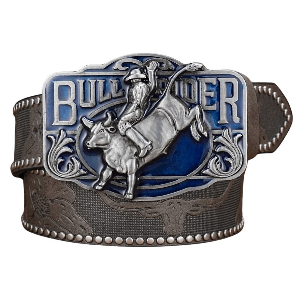 Bull Rider cowboybälte med blå emaljspänne Grå / 120cm