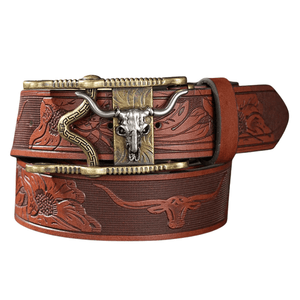 Cowboybälte med longhorn vintagespänne Brunröd / 120cm