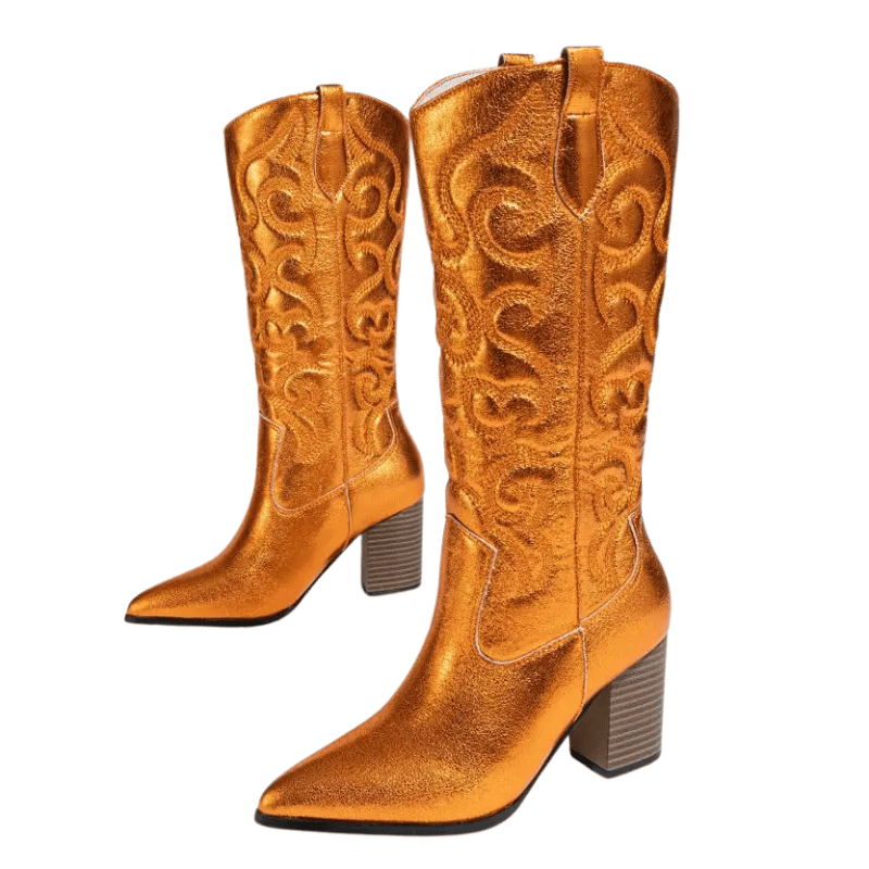 Cowboyboots med broderad metallisk yta och spetsig tå