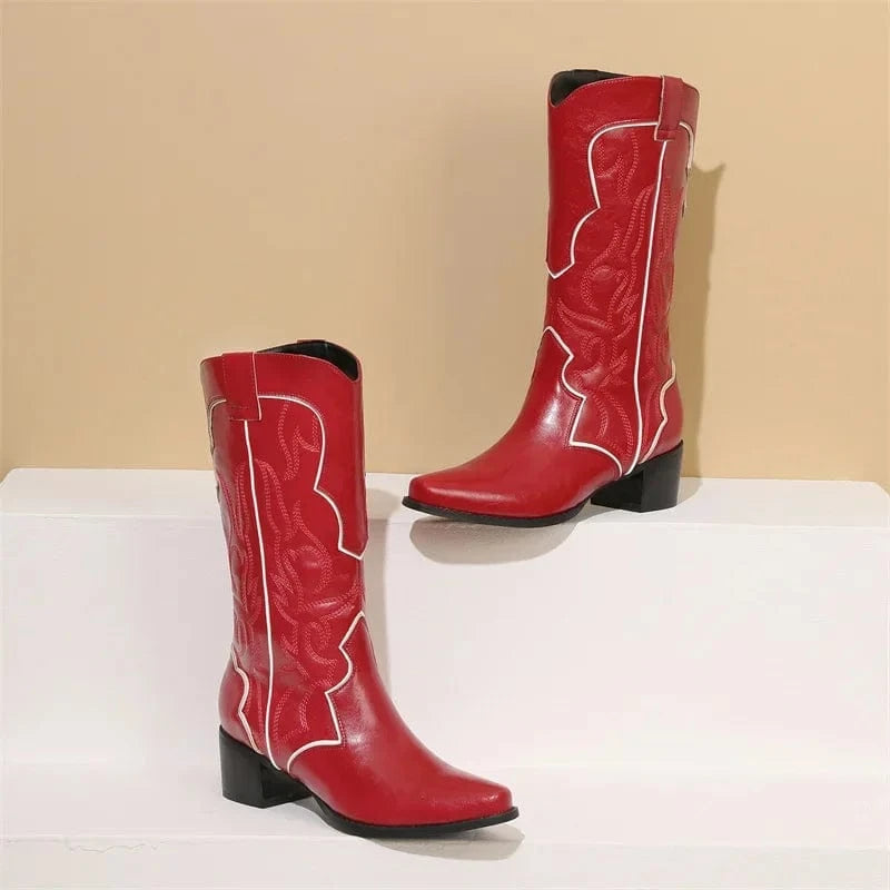 Cowboyboots med broderad westernstil i lyxigt läderlook