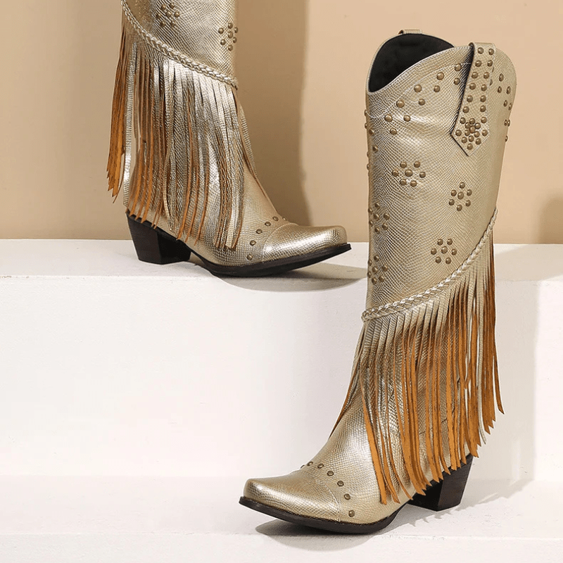 Cowboyboots med Fransar och Präglad Läderlook