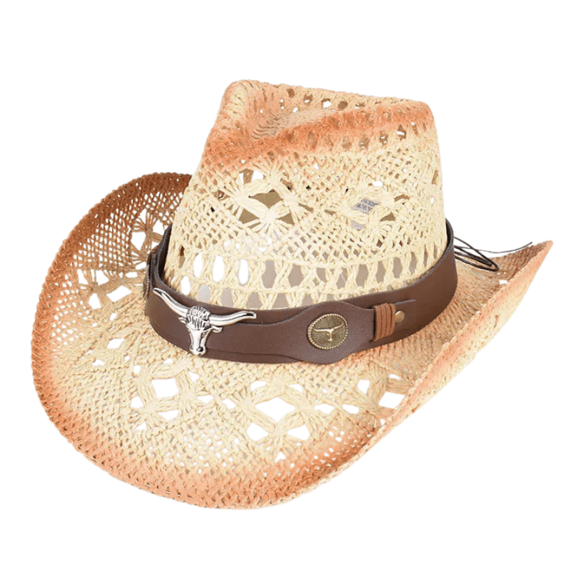 Cowboyhatt i flätad halm med tjurdetalj Beige-brun / Ungefär 58cm
