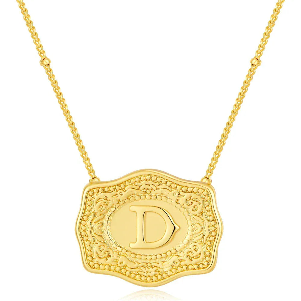 Embossed Belt Buckle Pendant Necklace for Men Punk Jewelry Gold Color A-Z Initial Letter Necklaces Women Western Jewelry Gift D / Silver / CHINA