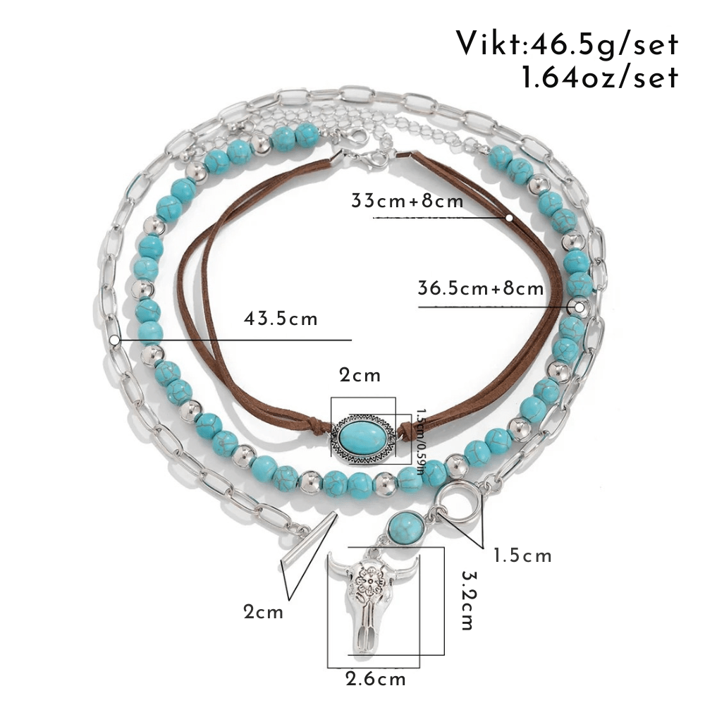 Flerradigt halsbandsset i western stil med turkos och tjurkranium Silver och brun med turkos