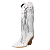 Fransiga Cowboyboots i Glansig Läderlook med Kilklack Vit / 35