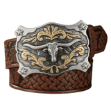 Herr­ cowboybälte longhornspänne Mörkbrun/Silver / 120cm